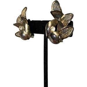 Vintage Bronze Flower Clip On Earrings Statement Petals Crystal Center